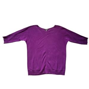 Women's Pink Cashmere Sweater 3/4 Sleeve Relaxed Fit Barbiecore Fuchsia